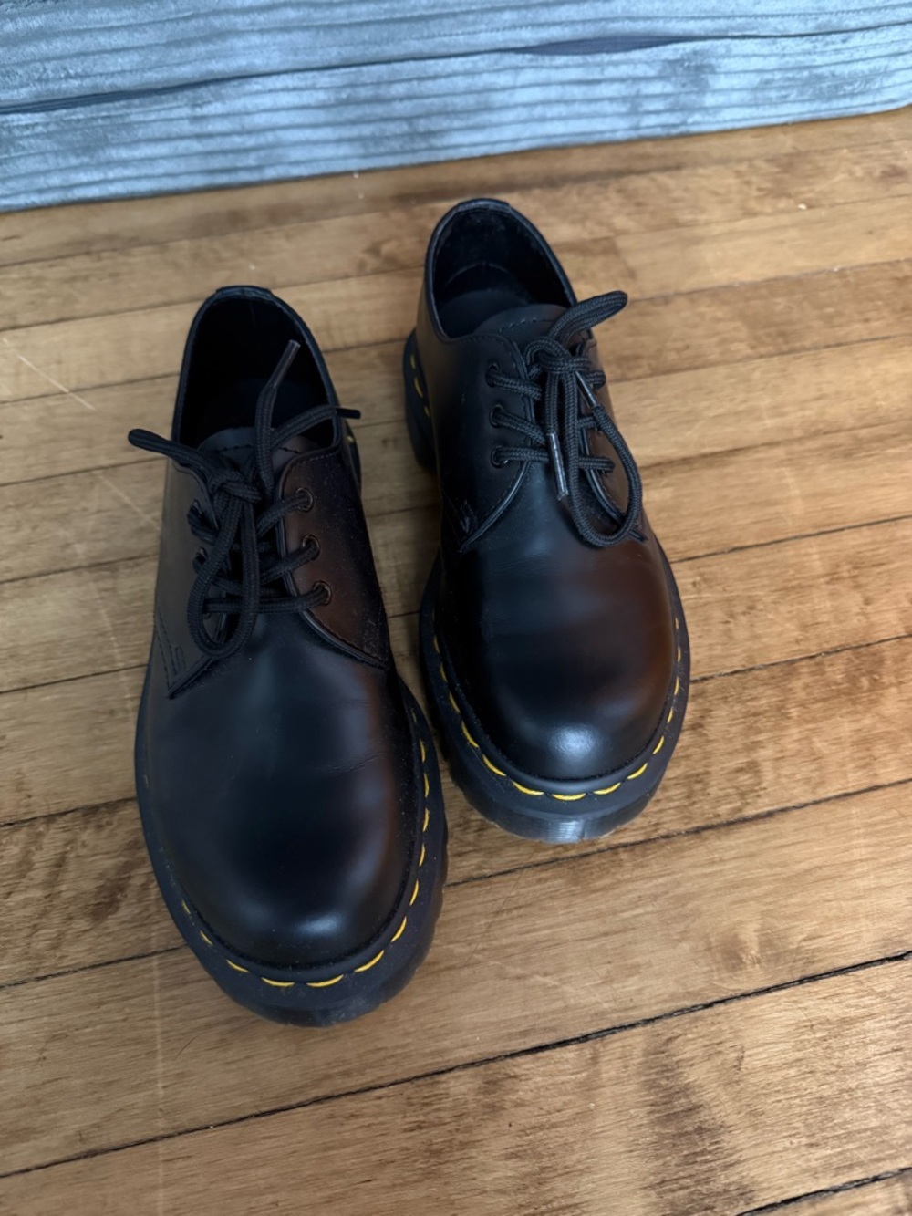 Dr. Martens Black Leather 3-Eye Derby with Yellow Stitching